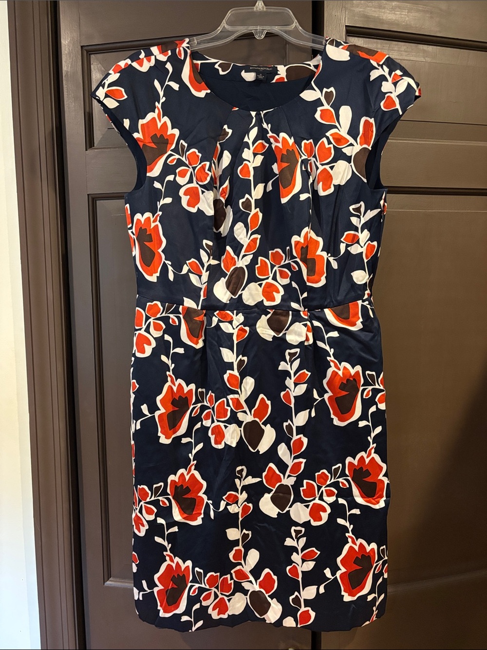 Banana Republic Navy Floral Cap Sleeve Pleated Neckline Sheath Dress